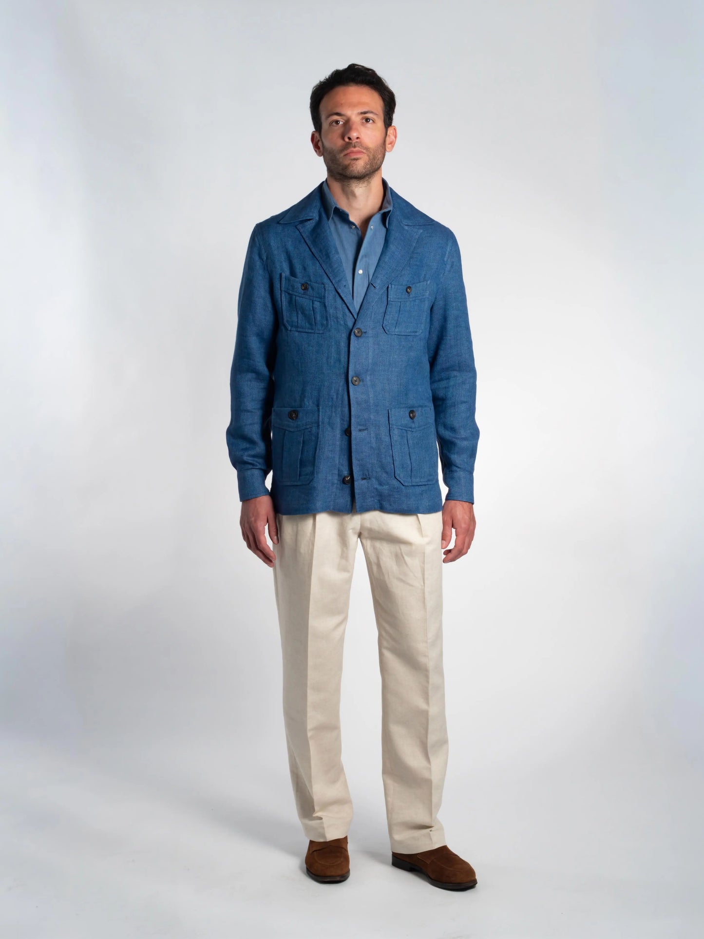 VESTE SAHARIENNE TONIO 100% LIN BLEU FRIMAIRE PARIS