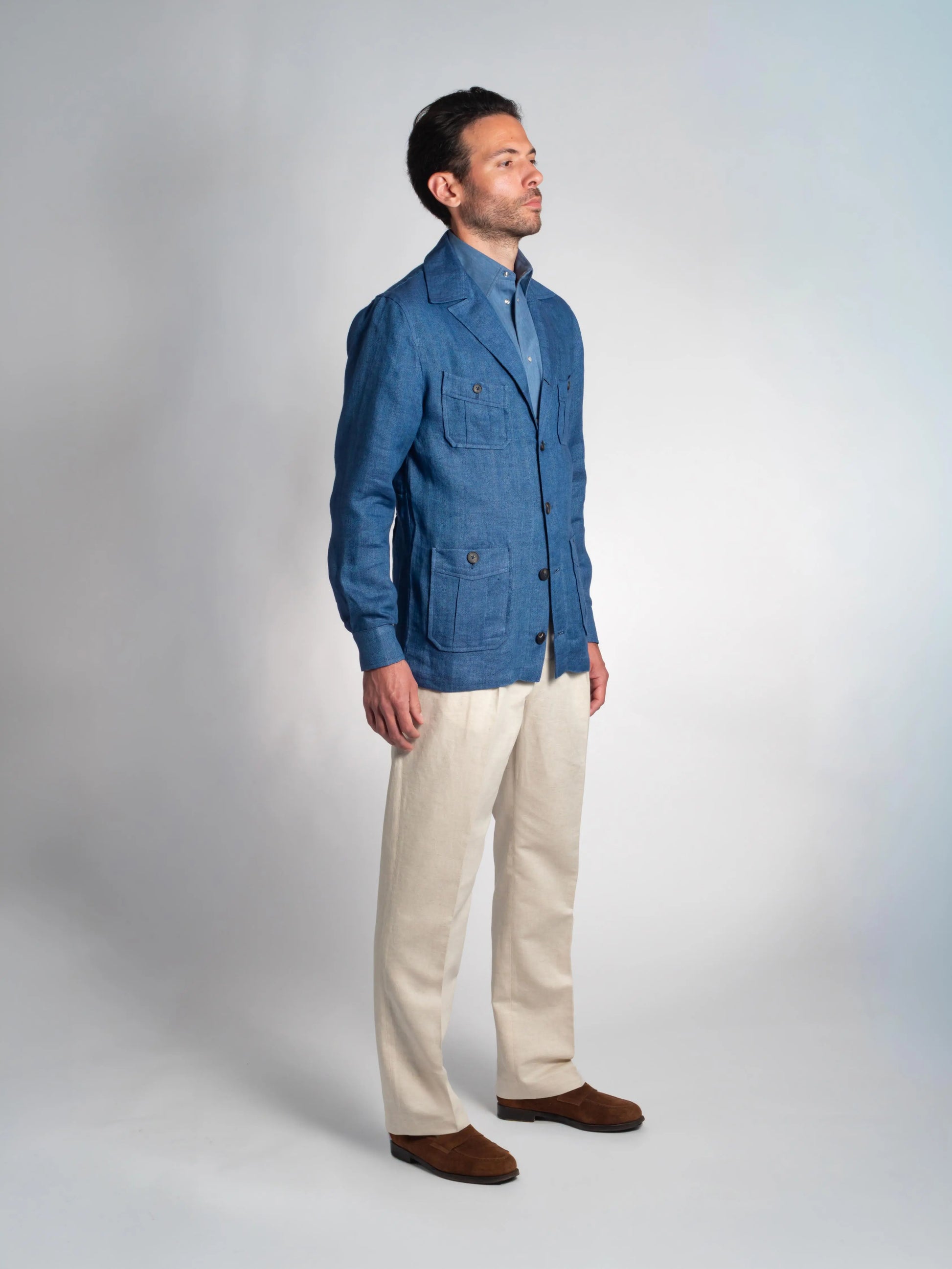 VESTE SAHARIENNE TONIO 100% LIN BLEU FRIMAIRE PARIS