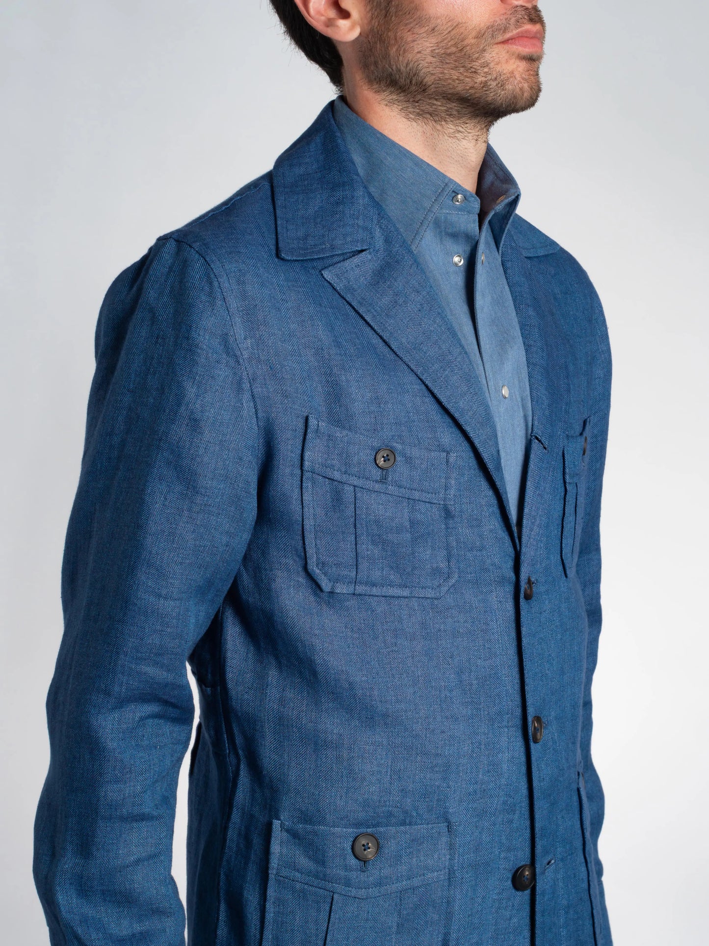 VESTE SAHARIENNE TONIO 100% LIN BLEU FRIMAIRE PARIS