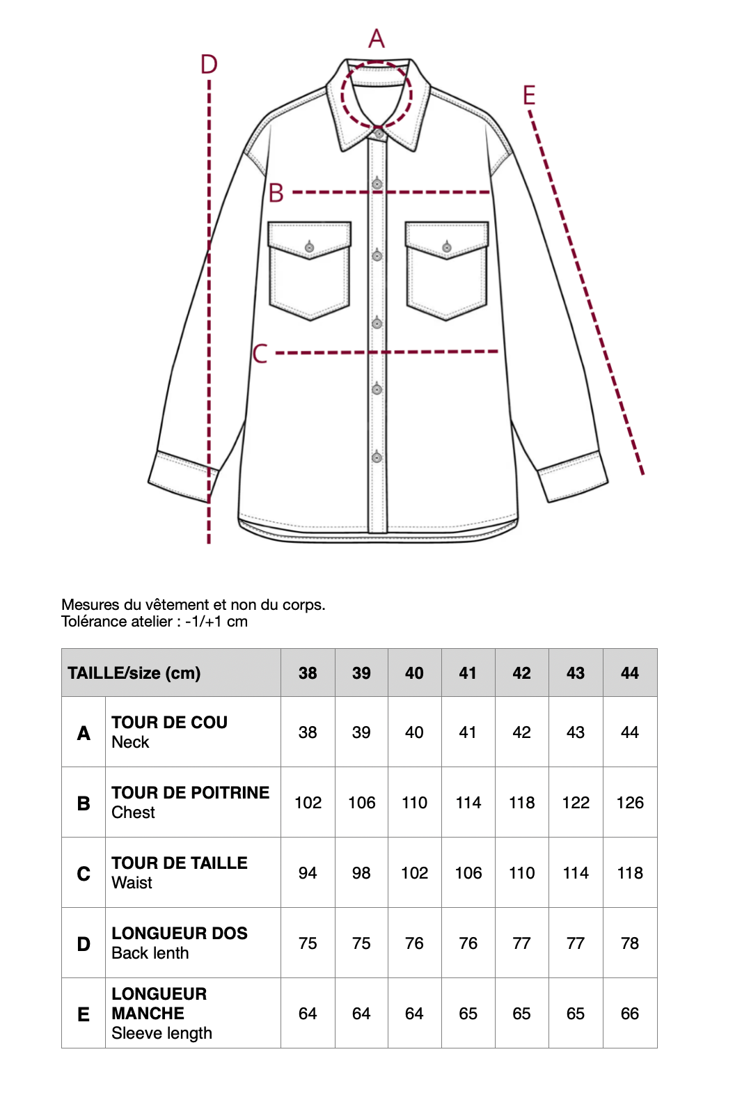 Guide des tailles CHEMISE POLNA SEERSUCKER ÉCRU