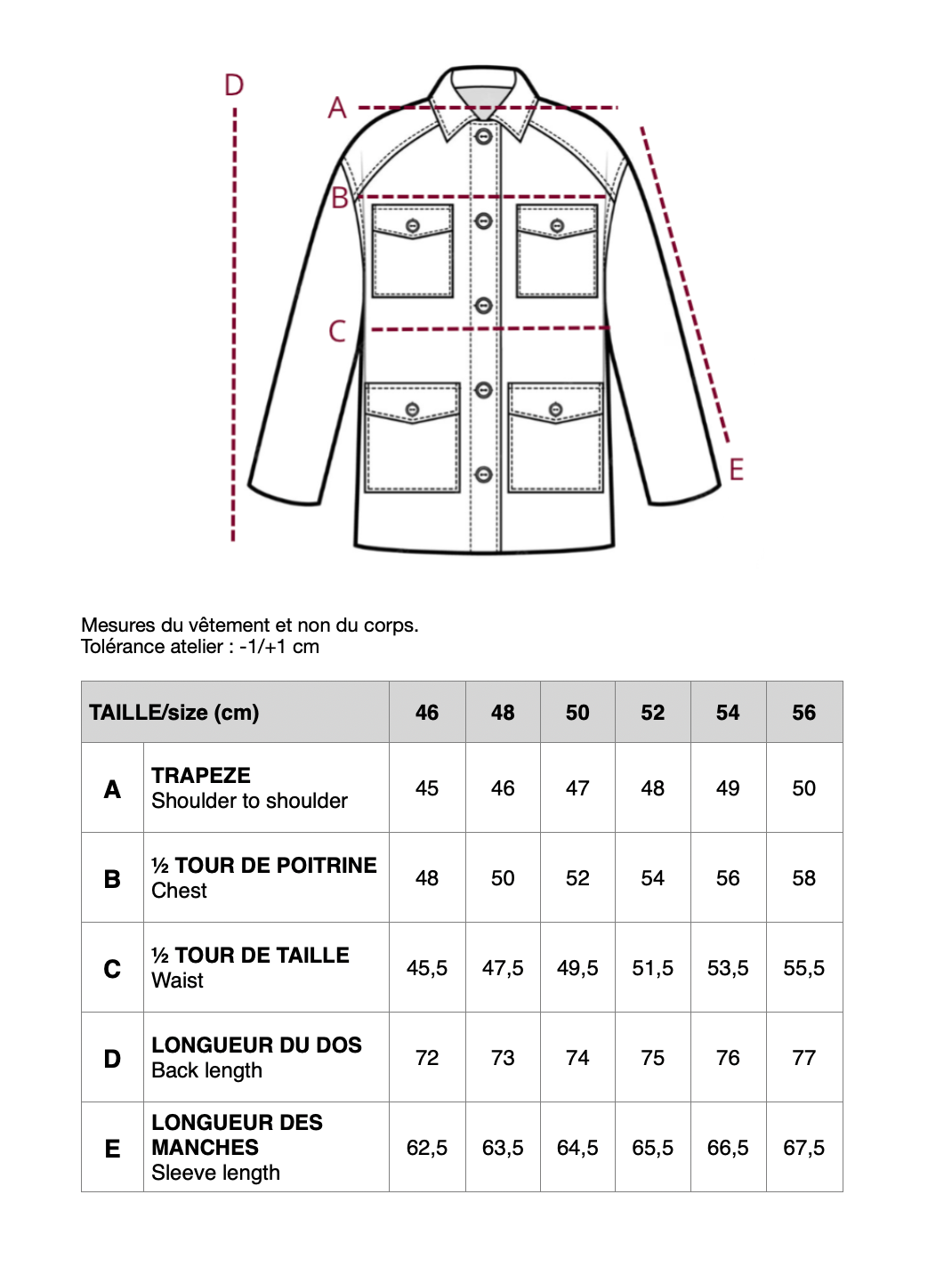 Guide des tailles VESTE SAHARIENNE TONIO LAINE FROIDE BORDEAUX